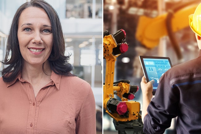 Kollage Nordeas chefsekonom Annika Winsth och en man som står med en ipad i en industrilokal.