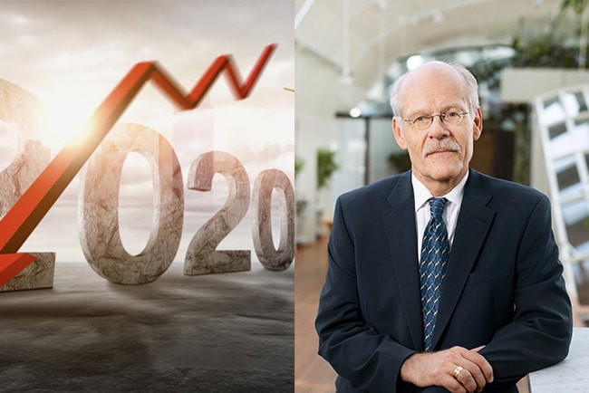 Kollage illustration som visar en pil och syftar till lågkonjunktur 2020 och Riksbankschefen Stefan Ingves